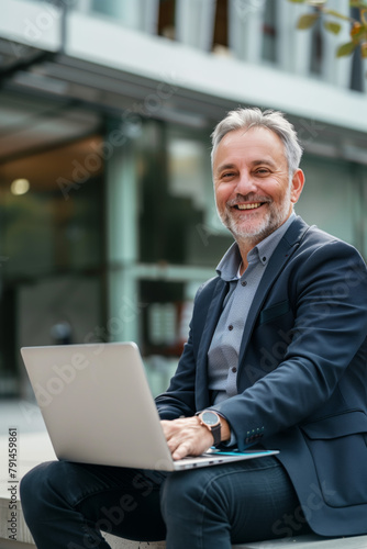 Smiling Businessman with Laptop Outdoors. A cheerful middle-aged businessman with a salt-and-pepper beard enjoys working remotely on his laptop  seated comfortably outside a modern glass building.