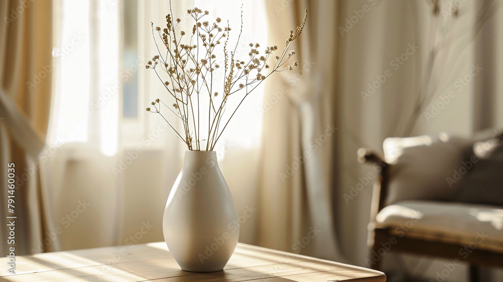 Minimalistic office room with bright decor and an empty white frame, providing a space for imaginative thinking.