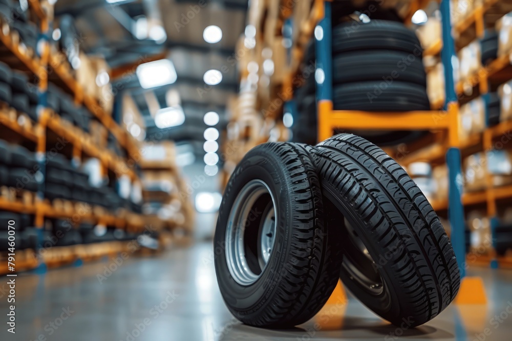 Obraz premium Car tires in warehouse. Automotive industry and transportation concept. Blurred background