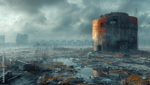 A post-apocalyptic city with a large tower in the center. The sky is dark and cloudy. The ground is covered in rubble and debris.