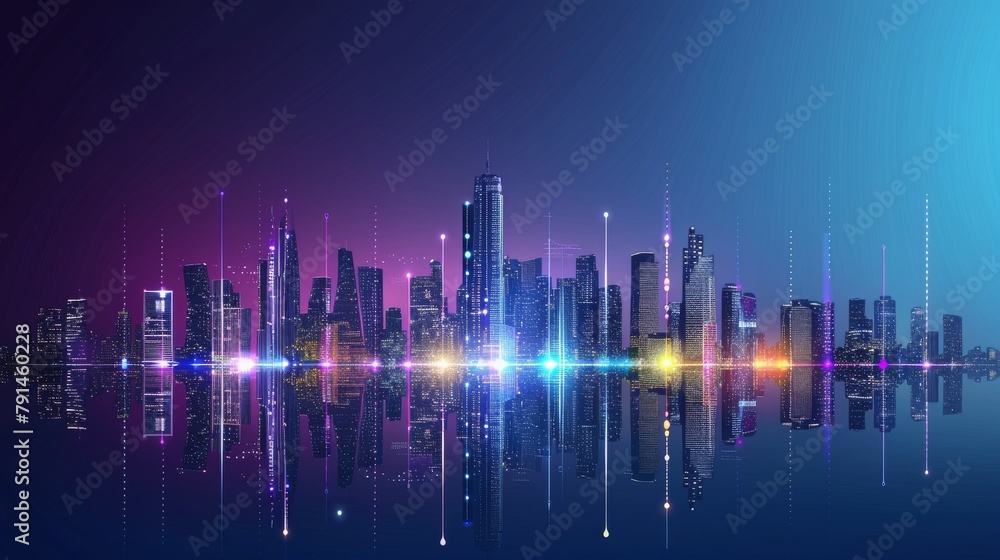 Futuristic cityscape with digital network overlay. A stunning visual representation of a smart city, with digital connections and a network overlay implying a connected, data-driven metropolis