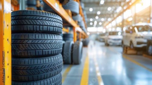 Car tires in warehouse. Automotive industry and transportation concept. Blurred background