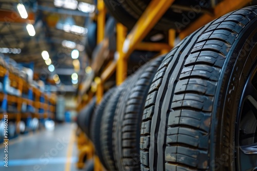 Car tires in warehouse. Automotive industry and transportation concept. Blurred background © ttonaorh