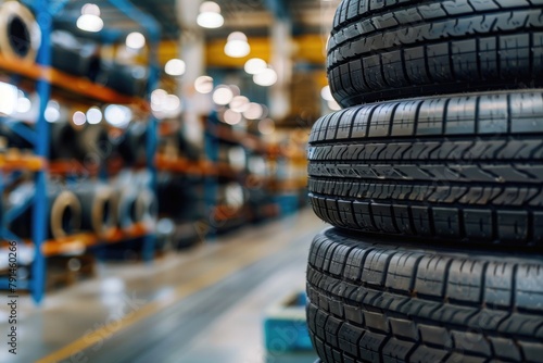 Car tires in warehouse. Automotive industry and transportation concept. Blurred background