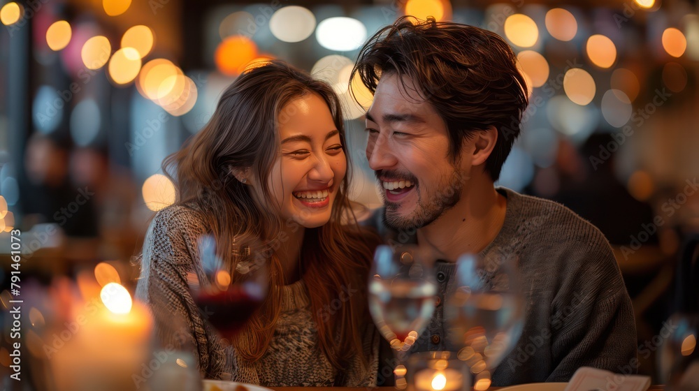 Couple laughing as they mispronounce menu items in a Korean restaurant. Couple laughing as they mispronounce menu items in a Korean restaurant.