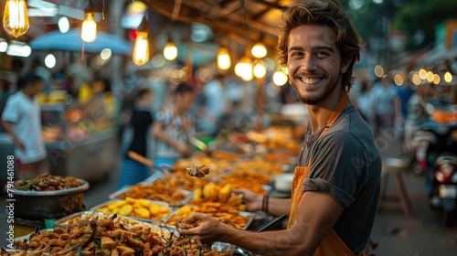 Tourists chuckling while trying to eat street food on a busy Bangkok sidewalk photo