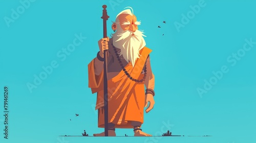 Illustration of a venerable Indian Sadhu resembling an elderly cartoon character depicted in a flat 2d style photo