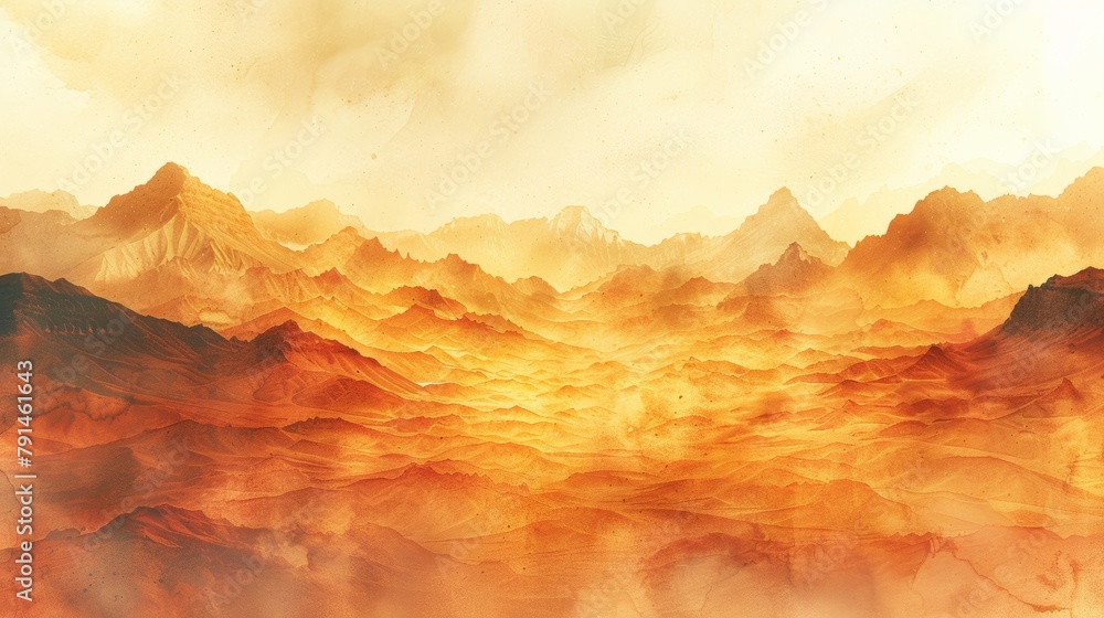 A watercolor painting of a mountain landscape in shades of orange and yellow.