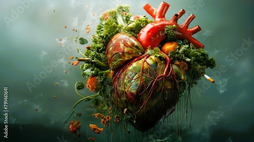  a human heart, with arteries and veins highlighted, surrounded by symbolic representations of risk factors like unhealthy food, cigarettes, and lack of exercise. generative ai illustration. photo