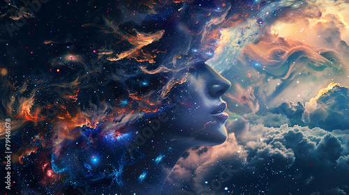 Fantasy art portrait of young woman with head in galaxy
