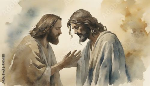Watercolor painting of Jesus Christ healing a Man Born Blind.