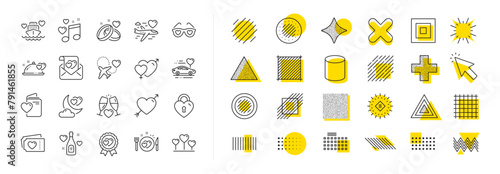 Wedding car, marriage rings, love. Design shape elements. Honeymoon line icons. Bridal champagne, Valentine heart icons. Couple tickets, honeymoon travel, married night. Vector