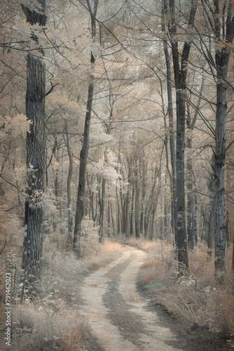 A narrow forest path disappearing into the distance, flanked by tall trees with minimal foliage. The muted color palette and soft natural light filtering through the canopy © grey