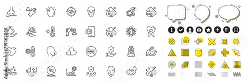 Set of Stop stress, Skin care and Wash hands line icons for web app. Design elements, Social media icons. Vitamin e, Riboflavin vitamin, Thermometer icons. Vector
