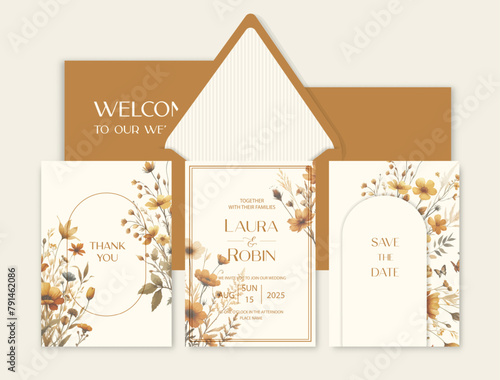 Luxury wedding invitation card background with watercolor dried flowers and botanical leaves.