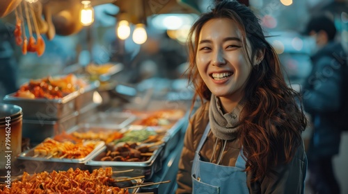 Travelers laugh as they try spicy Korean street food for the first time. © bird_saranyoo