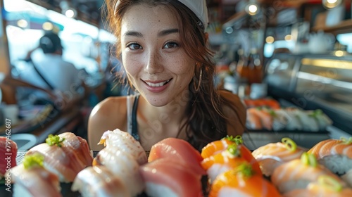 A Woman tasting fresh sashimi right off the boat in Okinawa, Japan.
