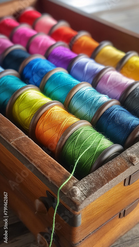 A wooden box filled with colorful spools of thread, showcasing a vibrant spectrum of textiles.