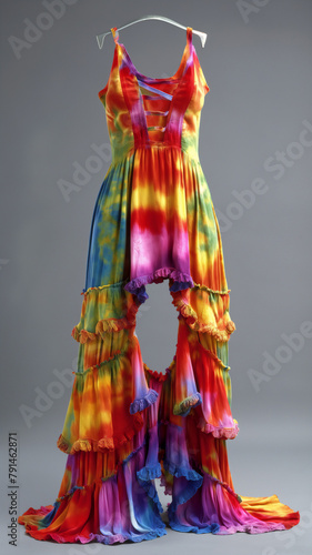 A flamboyant tie-dye dress with ruffled layers on a hanger, blending vivid colors and bohemian flair.