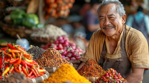 A vendor sells spices in Indonesian food in the market. photo
