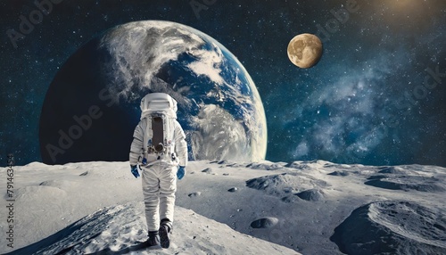 Back to the Moon: Concept Image of Astronaut Walking on Moon's Surface, Earth in the Distance, Reflecting Space Exploration and Lunar Return Endeavors