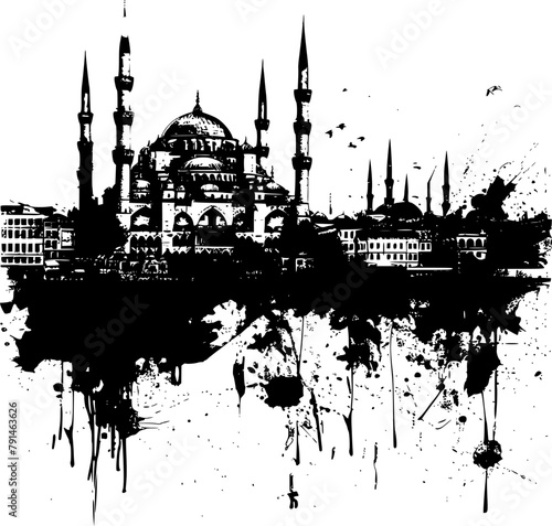 2D Drawing of Istanbul Skyline on White Background, Classic Illustration