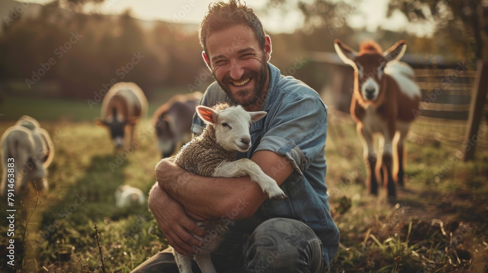 Farmer, image, or baby lamb on livestock farming, rural, or sheep growth management. Pet safety, veterinary life insurance, happy, farming, or man and mutton animals - obrazy, fototapety, plakaty 