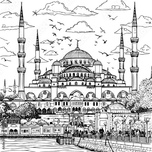 Istanbul Landscape Coloring Image for Kids, Detailed Background