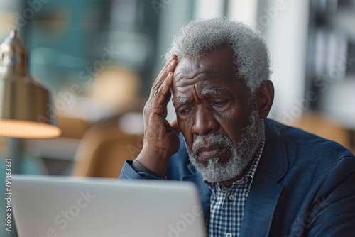 Financial loss, company investment failure, or corporate bankruptcy crisis with black man, laptop, or stress headache at office. Technology anxiety, worry, or miscalculation for businessman photo