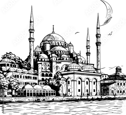 Black and White Line Drawing of Istanbul City, Timeless Charm