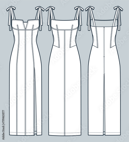 Bustier Maxi Dress technical fashion Illustration. Strap Dress fashion flat technical drawing template, corset, slim fit, zipper, front slit, back slit, front, back view, white, women CAD mockup set