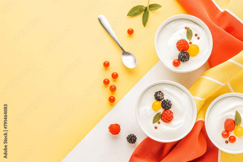 Bowls with yogurt and berries, spoon and towel on white and yellow background, space for text Bowls with yogurt and berries, spoon and towel on white and yellow background, space for text