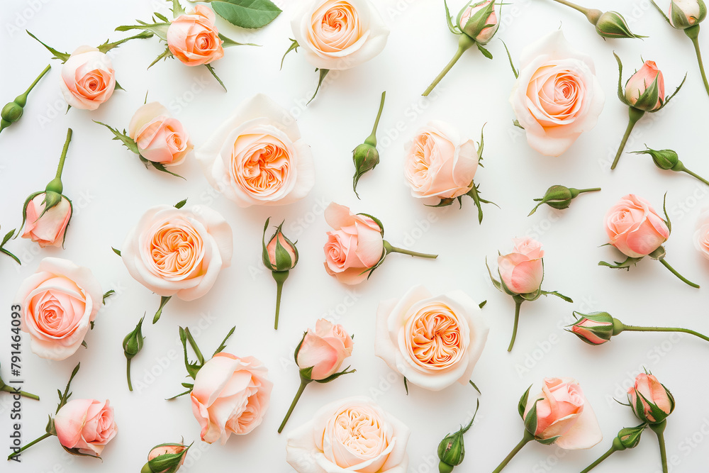 Blush pink roses on white background. Various creamy pink roses flowers and buds layout in center of white background. Top view, flat lay Blush pink roses on white background. Various creamy pink roses flowers and buds layout in center of white background. Top view, flat lay
