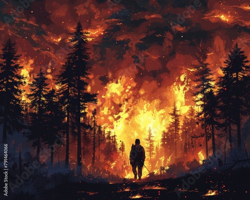 Firefighter walking through a burning forest photo