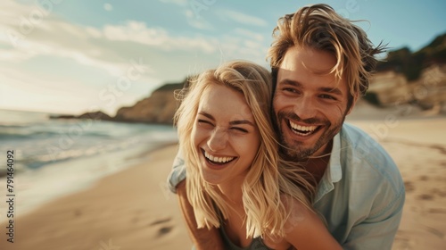Closeup of youthful loving couple smiling, cuddling, and displaying affection at the beach with ocean in backdrop. Couple on vacation displaying love. His blonde wife on his back © LukaszDesign