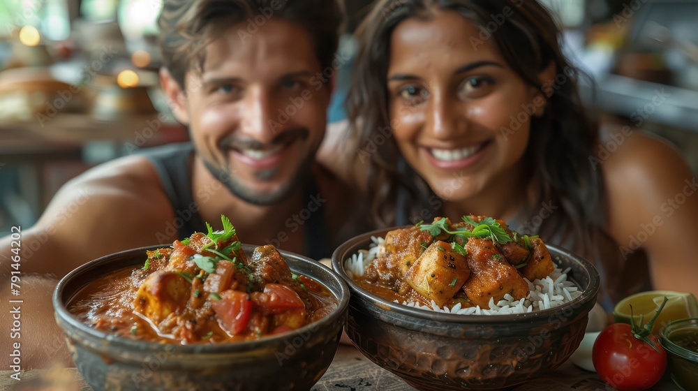 Couple's shared astonishment eating fiery Indian vindaloo.