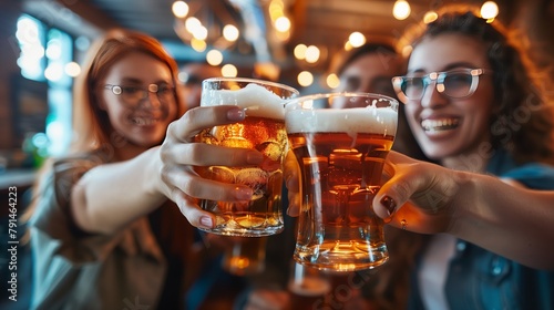 Joyful Friends Clinking Beer Glasses in Pub