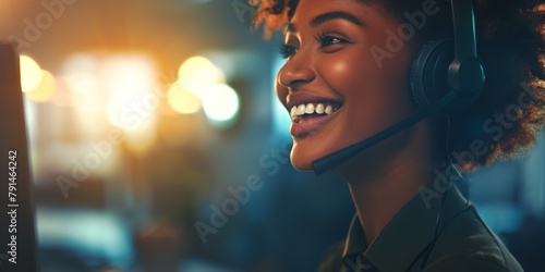 Communication, computer, or black woman on call center video call consulting, networking, or giving advise. Happy, wave, or contact us African American mixed-race black laborer online chatter photo
