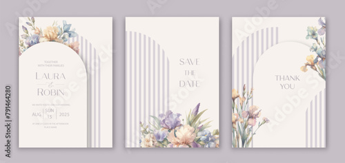 Floral vintage watercolor wedding invitation with rose flowers.