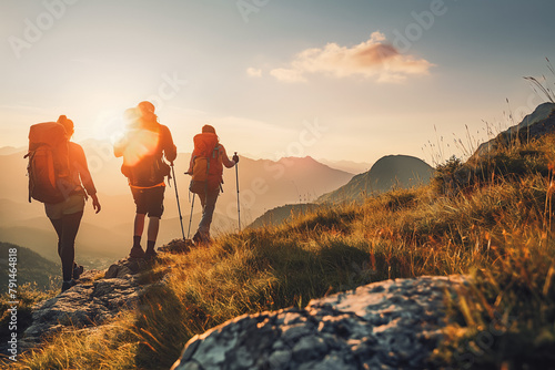 Group of 3 people hiking in mountains in sunrise. Friends hiking in the mountains.