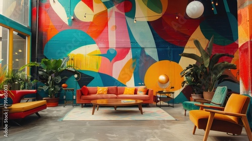 A contemporary art studio repurposed as a creative meeting space, its vibrant murals and eclectic furnishings providing an inspiring backdrop for brainstorming sessions and design workshops.  © Manzoor