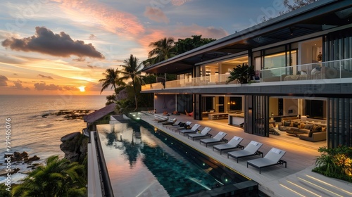 A contemporary beachfront villa with panoramic ocean views and sleek, modern interiors, featuring expansive decks and infinity pools that offer the perfect setting for enjoying the beauty of coastal  photo