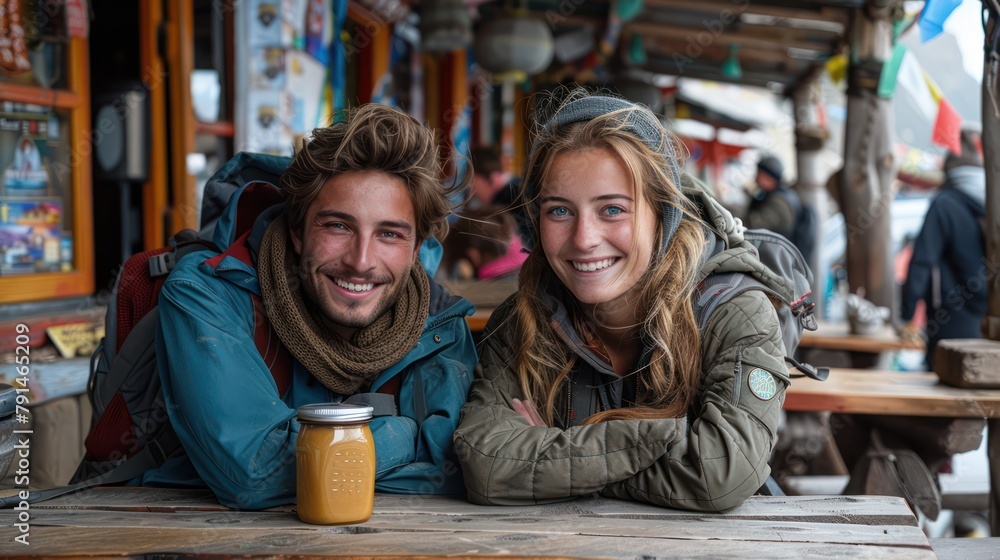 Young backpacker couple tries Tibetan butter tea in Lhasa.