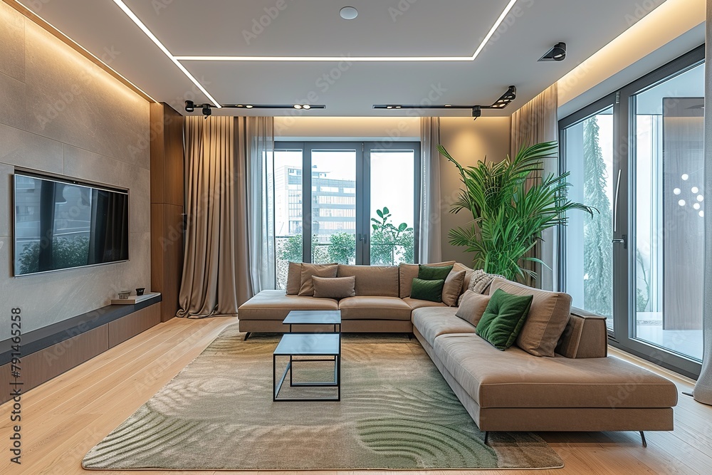 Fototapeta premium Fashionable spacious apartment with a stylish design in green, grey and white pastel colors with big window and decorative walls
