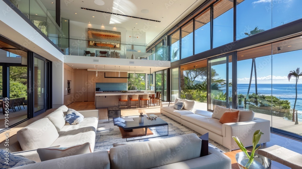 A contemporary coastal retreat with panoramic ocean views and modern amenities, featuring open-plan living spaces and expansive decks that 