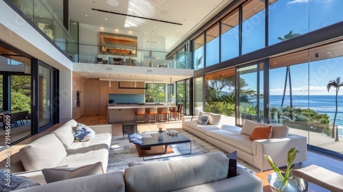A contemporary coastal retreat with panoramic ocean views and modern amenities, featuring open-plan living spaces and expansive decks that 