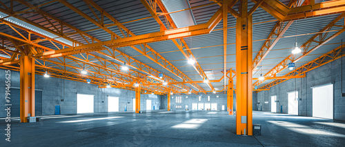 Industrial warehouse interior with orange steel beams