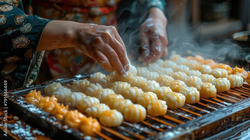 Hands molding Japanese mochi during a cultural festival.