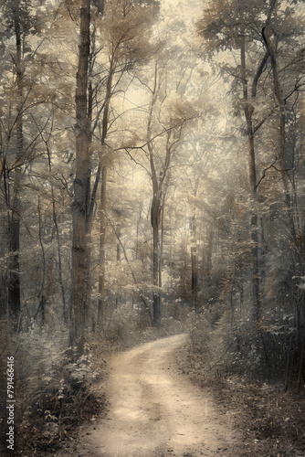 A narrow forest path disappearing into the distance  flanked by tall trees with minimal foliage. The muted color palette and soft natural light filtering through the canopy