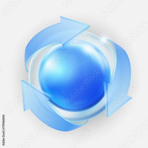 Recycling symbol on a clear glass globe with clear glass arrows circling it in a circle isolated on a white background. Realistic vector illustration.